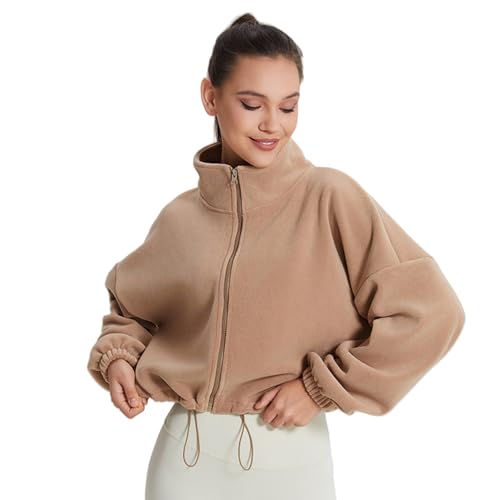 ZSWXF Fleecejacke Damen Cropped Ohne Kapuze Kordelzug Sweatjacke Stehkragen Sherpa Jacke Zip Up Fleece-Innenfutter Winterjacke Kurz Casual Warm Sweatshirt Einfarbig Crop Coat,Beige,L von ZSWXF