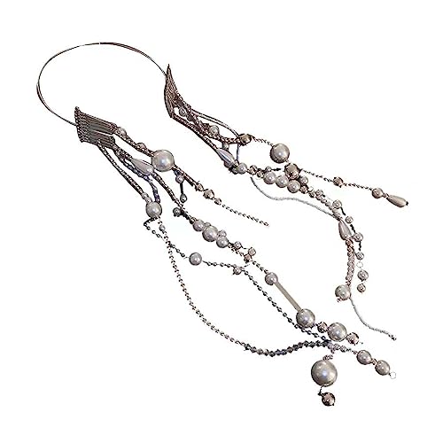 Elegantes Perlen-Stirnband, lange Quasten, Kopfschmuck, Haarreif mit langer Kette, süßes Haar-Accessoire für Frauen und Mädchen von ZSYTF