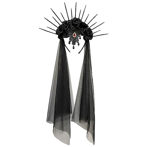 ZSYTF Langes Halloween-Schleier-Stirnband, Tag der Toten, Gothic-Blumen-Haarband, Cosplay-Kostüm, Kopfschmuck für Frauen, Haardekoration, Mädchen, Kopfbedeckung, Queen-Stirnband, Party, Festival, von ZSYTF