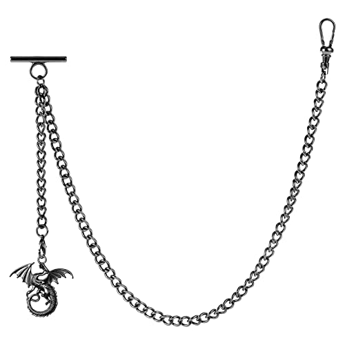 ZTA Albert Kette Schwarz Taschenuhr Kette Weste Kette für Männer FOB T BAR mit Schwenkverschluss mit Altes Drachendesign Anhänger FOB Charme von ZTA