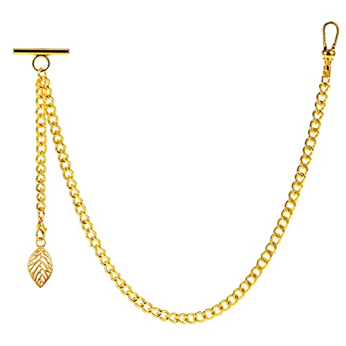 ZTA Herren Albert Kette Golden Taschenuhr Kette Weste Kette für Männer FOB T BAR mit Schwenkverschluss mit Blatt Design Anhänger FOB Charme von ZTA