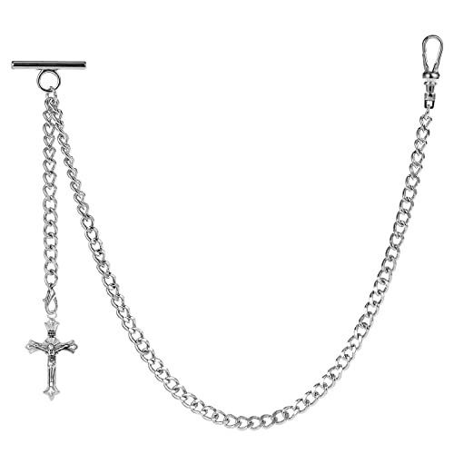 ZTA Herren Albert Kette Silber Taschenuhr Kette Weste Kette für Männer FOB T BAR mit Schwenkverschluss mit Kreuz Design Anhänger FOB Charme von ZTA