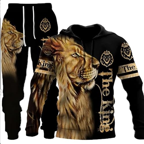 Löwe Jogginganzug Tiger Jogging Sportanzug Fitness Sporthose Hose Hoodie Herren Trainingsanzug Zweiteiliges Set Freizeitanzug mit Löwen Tigermuster Sportswear für Herren Hoodie Jogging Hose (A2,L) von ZTEEG