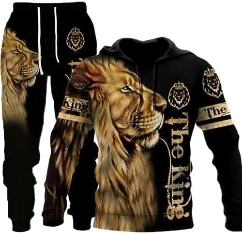 Löwe Jogginganzug Tiger Jogging Sportanzug Fitness Sporthose Hose Hoodie Herren Trainingsanzug Zweiteiliges Set Freizeitanzug mit Löwen Tigermuster Sportswear für Herren Hoodie Jogging Hose (A2,XL) von ZTEEG