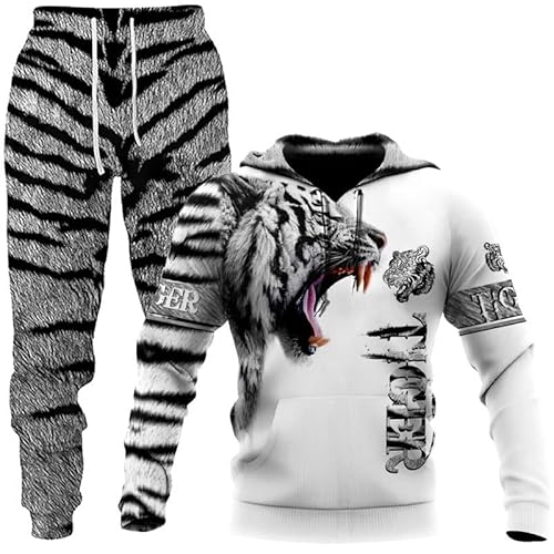 Löwe Jogginganzug Tiger Jogging Sportanzug Fitness Sporthose Hose Hoodie Herren Trainingsanzug Zweiteiliges Set Freizeitanzug mit Löwen Tigermuster Sportswear für Herren Hoodie Jogging Hose (A7,XL) von ZTEEG