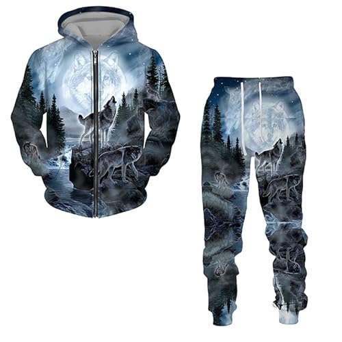 ZTEEG Wolf Herren Kapuzenjacke Jogger Set Trainingsanzug Langarm Kapuzenpullover Mit Reißverschluss Winter Warm Sherpa Innenseite Hoodie Pullover Jacke Winterjacke Mit Kapuze (A3,3XL) von ZTEEG