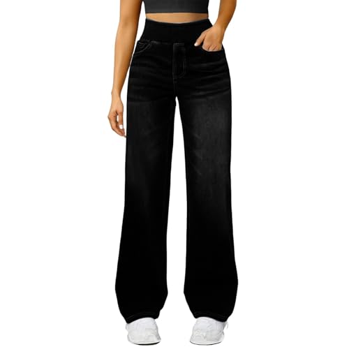 Damen Straight Leg Jeans Baggy Lang Weites Bein Jeanshosen High Waist Leichter Oversize Denimhose mit Knopfleiste Taschen Loose Warm Freizeithose (Black #1, M) von ZTFYKLIN