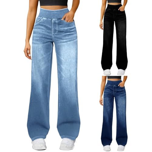 Damen Straight Leg Jeans Baggy Lang Weites Bein Jeanshosen High Waist Leichter Oversize Denimhose mit Knopfleiste Taschen Loose Warm Freizeithose (Light Blue #1, M) von ZTFYKLIN
