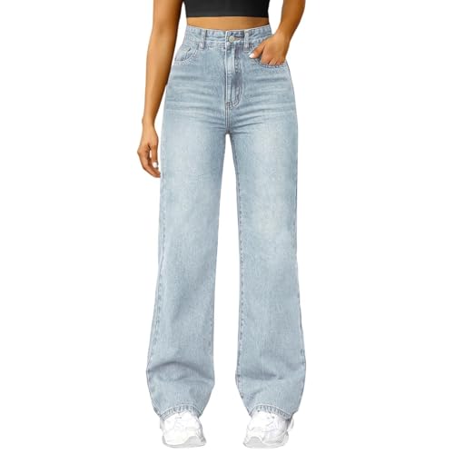 Damen Straight Leg Jeans Baggy Lang Weites Bein Jeanshosen High Waist Leichter Oversize Denimhose mit Knopfleiste Taschen Loose Warm Freizeithose von ZTFYKLIN