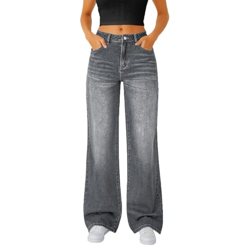 Damen Straight Leg Jeans Baggy Lang Weites Bein Jeanshosen High Waist Leichter Oversize Denimhose mit Knopfleiste Taschen Loose Warm Freizeithose von ZTFYKLIN