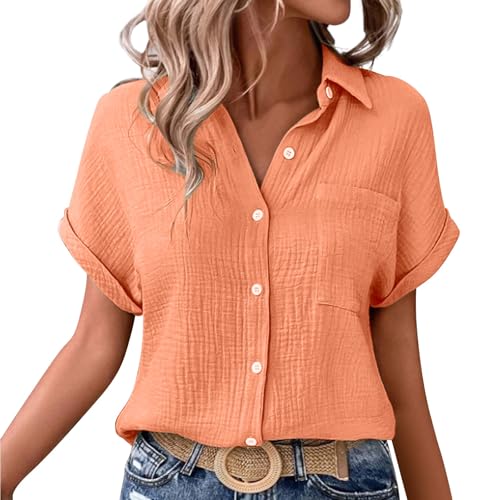 Deals of The Day Karierte Hemdbluse Lang T-Shirt Mit V-Ausschnitt, Oliv Oberteil V Ausschnitt Damen Leinen Top Sommer Bluse Silky Loose V-Neck Western Cowgirl Neon Gruenes Weiss Grosse Groessen von ZTFYKLIN