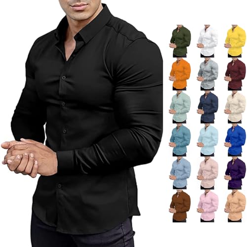 Hemd Herren Leinenhemd Kurzarm Schwarzes Polohemd Herren Muscle Fit Hemd Sport Slim Langarm Casual Button Shirt Hemden Weit Geschnitten(Black, L) von ZTFYKLIN