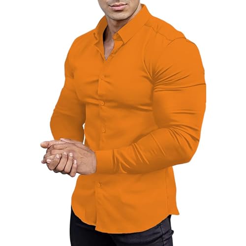 Seidensticker Hemd Herren Herrenhemden Kurzarm Leinenhemd Sommer Schwarzes Herren Muscle Fit Hemd Sport Slim Langarm Casual Button Shirt Hemden Weit Geschnitten(Orange, L) von ZTFYKLIN