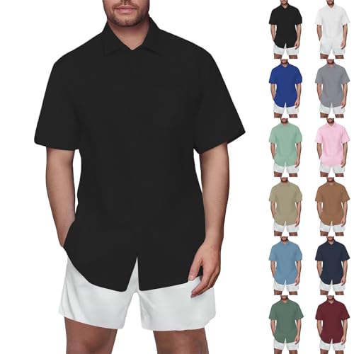 Spring Deals 2025 Explosive Herren Leinenhemd Sommer Revers solide Farbe Kurzarm Button Down Hemd Lässig Mode Lose Bequem T-Shirt Herren Oversize Strand Leicht Oberteile Poloshirts Damen Sale von ZTFYKLIN