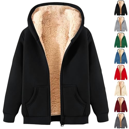ZTFYKLIN Fleecejacke Damen Hoodie Kapuzenpullover mit Zipper, Fleecepullover Dick Warm Basic Sweatjacke mit Kapuze, Winterjacke Einfarbig Hooded mit Reißverschluss (Black, XXL) von ZTFYKLIN