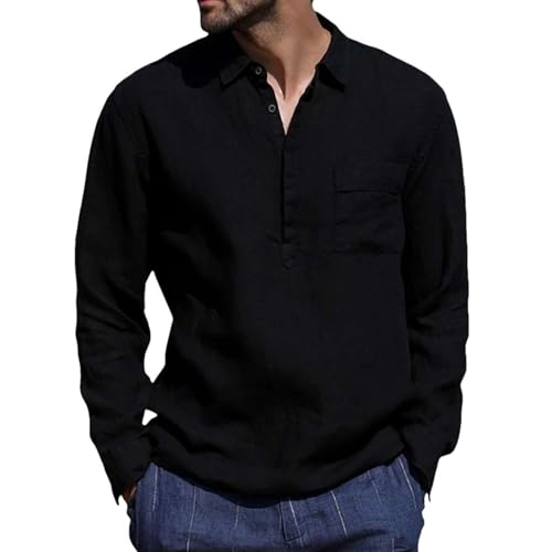 ZTFYKLIN Herren Baumwolle Leinenhemd mit Reverstasche Sommerhemd Männer Hemd Freizeit Langarm Regular Fit Freizeithemd Shirts, Einfarbiger von ZTFYKLIN
