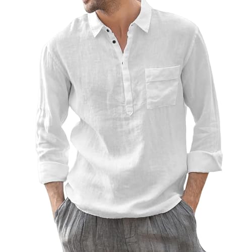 ZTFYKLIN Herren Baumwolle Leinenhemd mit Reverstasche Sommerhemd Männer Hemd Freizeit Langarm Regular Fit Freizeithemd Shirts, Einfarbiger von ZTFYKLIN