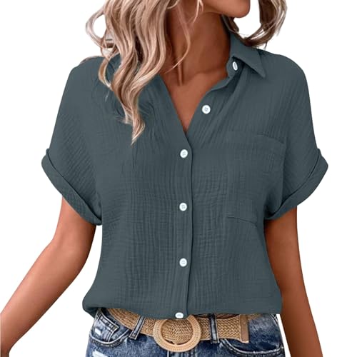 ZTFYKLIN blitzangebote Damen Baumwoll Bluse Longshirt Viskose Oberteil Rückenausschnitt Leinenbluse Sommer Oversize Leinen Kleidung Rollkragenpullover Kurzarm Damenoberteile Grosse Groessen Top Mit von ZTFYKLIN