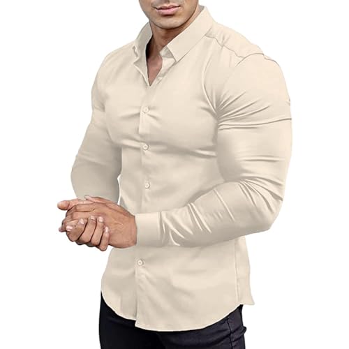 leinenhemd Herren Leinen Kurzarm Hawaii Männer Hawaiihemd Sommer Sommerhemd Herren Muscle Fit Hemd Sport Slim Langarm Casual Button Shirt Hemden Weit Geschnitten(Beige, M) von ZTFYKLIN