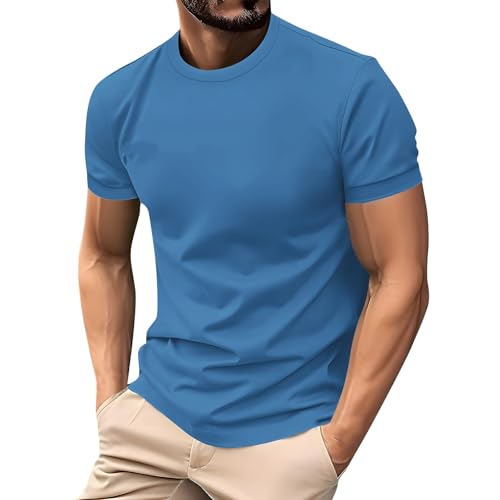 unterhemd Herren T-Shirt Rundhals Kurzarm Sommer Oberteile Regular Fit Sport Fitness Funktionsshirt Einfarbig Basic Unterhemd Business Shirts, kurzärmelig, lässige T-Shirts (Blue, L) von ZTFYKLIN
