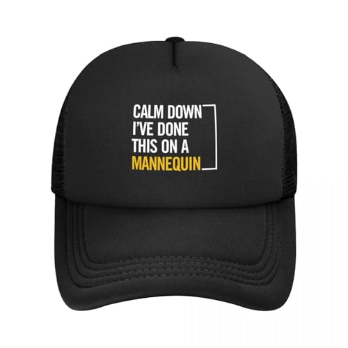 Atmungsaktiv Mesh Baseballmütze Sporthut Baseballkappe mit Aufschrift „Calm Down I’ve Done This On A Mannequin“ Trucker-Kappe modische Damenhüte für die Sonne Männer von ZTQTQZZ