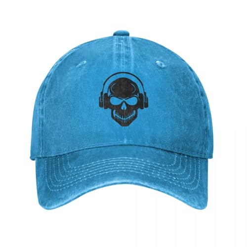 ZTQTQZZ Baumwolle Vintage Washed Denim Baseballkappe Totenkopf mit Kopfhörern – Rave – Electro – Hardstyle Baseballmütze Cowboyhut Schirmmütze Cowboyhüte Hüte für Männer und Frauen von ZTQTQZZ