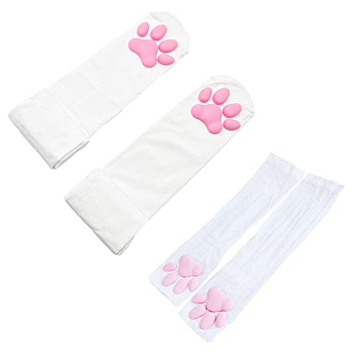 ZTVOWTO Süße Katze Paw Pad Oberschenkel Hohe Cosplay Socken mit Pink 3D Kitten Claw Fäustlinge Lange fingerlose Handschuhe für Mädchen Frauen (Weiß-1)… von ZTVOWTO