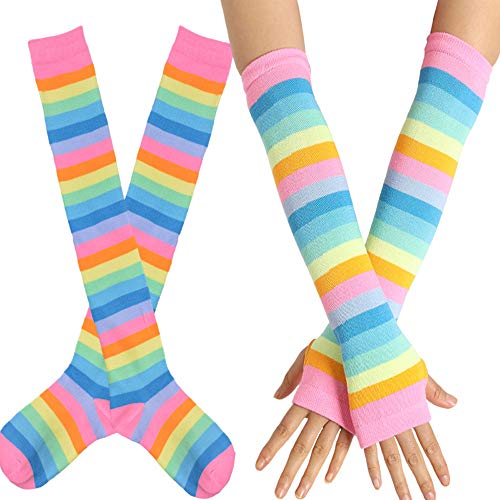 ZTcenter Damen Kniestrümpfe Socken mit Fingerlose Regenbogen Bunte Streifen Handschuhe Overknee Strümpfe Cosplay Kostüm,01 Rosa bunt von ZTcenter