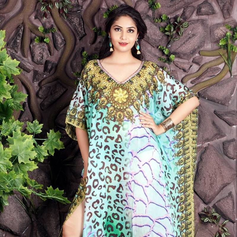 Designer Print Seidenkaftan Langes Seiden Loungewear Kleid von ZUBEDABOUTIQUE