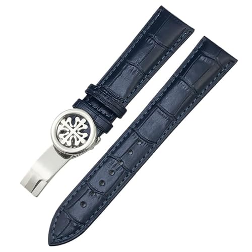 ZUC 19 mm 20 mm 21 mm 22 mm Echtleder-Uhrenarmband, für Patek Philippe AQUANAUT PP 5167A Rindsleder-Uhrenarmband mit Schmetterlingsschnalle(Blue silver,20mm) von ZUC