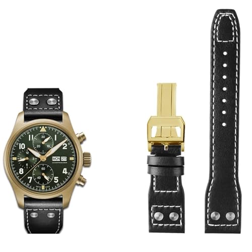 ZUC 20 21 22mm Echtleder Nieten Armband Passend für IWC Big Pilot Spitfire Braun Schwarz Blau Rindsleder Uhrenarmband(Black gold buckle,21mm) von ZUC