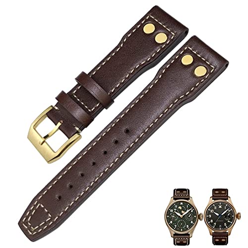 ZUC 20mm 21mm 22mm Echtes Leder Bronze Nieten Armband Passend für IWC Bronze Big Pilots Mark 18 Spitfire Uhrenarmband(Brown,21mm) von ZUC