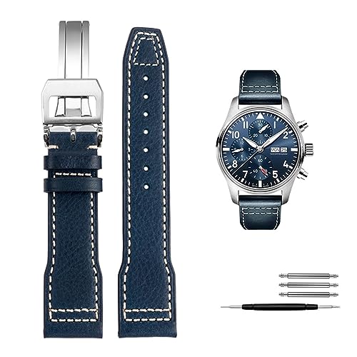 ZUC 20mm 21mm Italien Echtes Leder Armband Für IWC Big PILOT Spitfire Uhr Rindsleder Schwarz braun blau Mann armband(Blue silver buckle,20mm) von ZUC