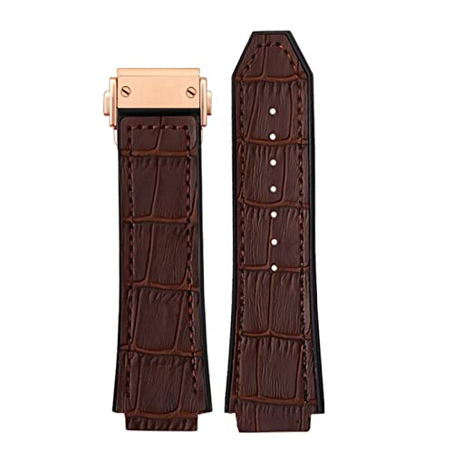 ZUC 25 * 19mm Echtes Kuh-Leder-Gummi-Armband für Hublot. Classic Fusion Universe Big Bang Series Männer Gürteluhr Band Schmetterling Buckl (Color : Brown rose buckle, Size : 26-19mm) von ZUC