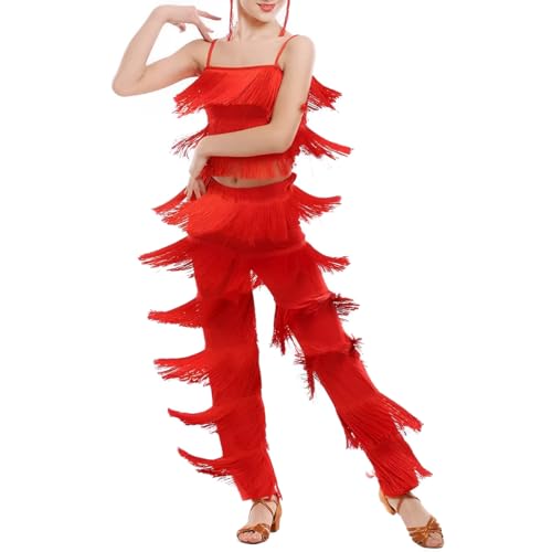 ZUCKY Damen-Tanz-Top und Hose, 2-teiliges Set, für Ballsaal, Rumba, Tango, Salsa, Rot/Ausflug, einfarbig (Getaway Solids), Groß von ZUCKY