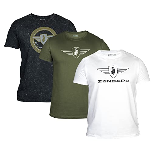 ZÜNDAPP T Shirt Herren oder Damen | Basic Tshirt 3er Set | Unisex Baumwoll T-Shirt 3er Pack (L, grau Snow Washed + Oliv Uni + weiß Uni) von ZÜNDAPP