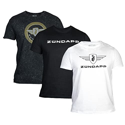 ZÜNDAPP T Shirt Herren oder Damen | Basic Tshirt 3er Set | Unisex Baumwoll T-Shirt 3er Pack (XXL, grau Snow-Washed + schwarz Uni + weiß Uni) von ZÜNDAPP