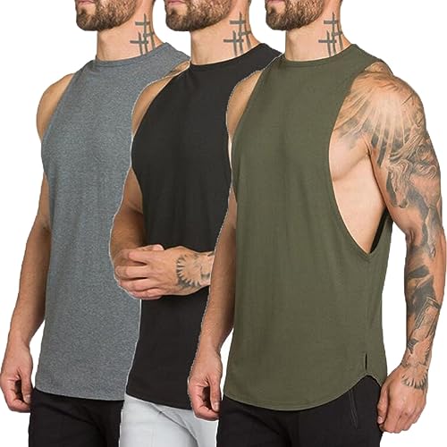 ZUEVI Herren Muskelschnitt Open Sides Bodybuilding Tank Top Gym Workout Stringer T-Shirt, Zblack&gray&arrmy green, Groß von ZUEVI