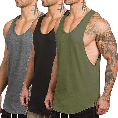 ZUEVI Muskel-Tanktop für Herren, offene Seiten, Bodybuilding-Weste, Fitnessstudio, Workout, Stringer-T-Shirts, Schwarz & Grau & Armeegrün, Mittel von ZUEVI