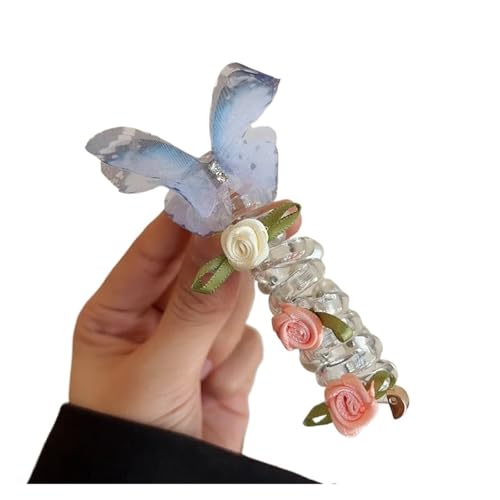1 Paar Telefonschnur-Haargummi for Kinder mit Schmetterlingsperlen – Pferdeschwanzhalter, Haar-Styling-Zubehör, Stirnband(Blue butterfly) von ZUGLQYSX
