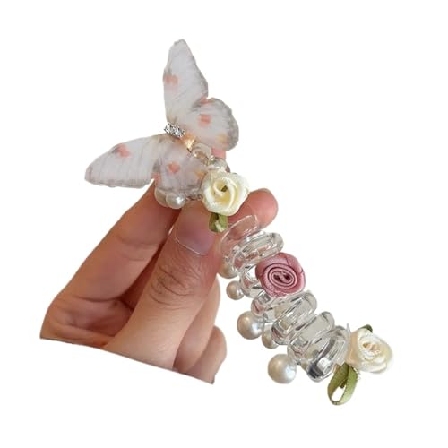 1 Paar Telefonschnur-Haargummi for Kinder mit Schmetterlingsperlen – Pferdeschwanzhalter, Haar-Styling-Zubehör, Stirnband(Off-white butterfly) von ZUGLQYSX