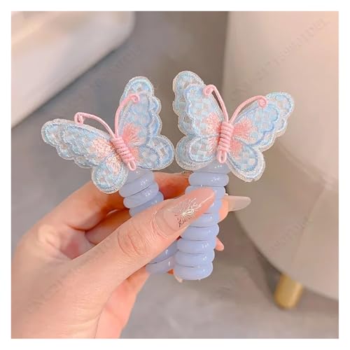 2Pcs Mädchen Elastische Gummibänder Kinder Telefon Draht Haar Krawatten Spirale Spule Haarbänder Haar Seil Pferdeschwanz Haar Zubehör(Blue butterfly) von ZUGLQYSX