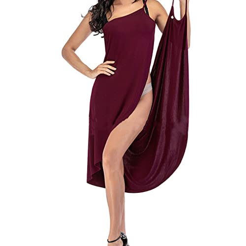 ZUICC Einfarbiges Ärmelloses Sexy Strandkleid, Damen V-Ausschnitt Lang Kleid Sommer-Strand-Wickelkleid Bademantel Handtuch Reise Spa Schwimmen (3XL, Weinrot) von ZUICC