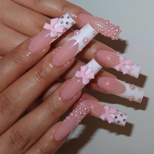 24 Stück süße French Manicure Nägel zum Aufdrücken mit eleganter Schleife und Perlen, Acryl-Kunstnägel für Damen und Mädchen, ABS-Nägel von ZUJIABAO