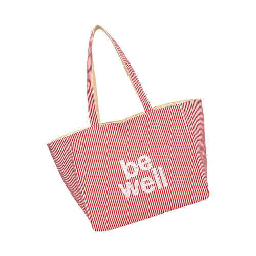 ZUJIABAO Leichte wendbare Canvas-Tasche mit gestickten Streifen und mehreren Fächern für den täglichen Gebrauch, trendige koreanische gestreifte lässige Handtasche, rot, One Size von ZUJIABAO