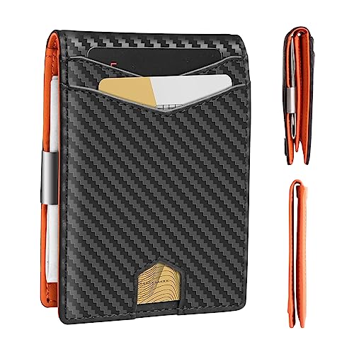 ZUKDO Herren Slim Wallet Geldklammer Kohlefaser RFID Blocking Bifold 2 in 1 Kreditkartenetui für Männer mit Geschenkbox mit 2 ID Windows 10 Kartenhalter, Carbon Schwarz und Orange, Klassische Mode von ZUKDO