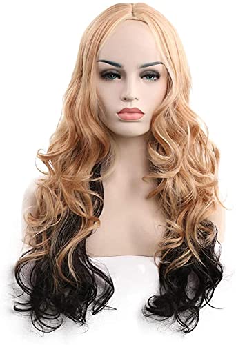 22 Zoll lang wellenförmige lockige licht blondes schwarzes Cosplay Perücken echte natürliche hitzebeständige synthetische Faser Zwei Tonhaar für Frauen chenghuax von ZUKKY