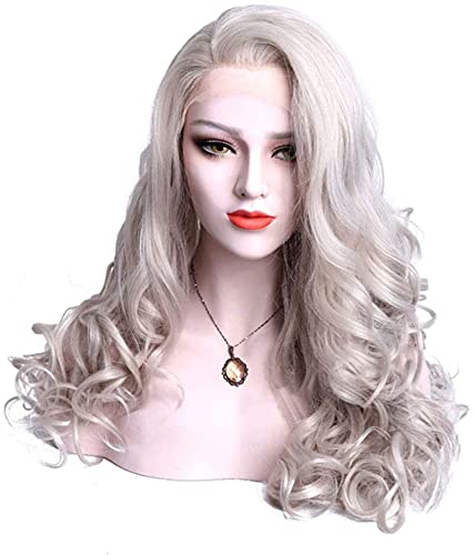 Langkörper lockige wellenförmige hitzebeständige synthetische Faserperücken Natürliche Haaransatz hellgraues Haar für Cosplay/Promi/Halloween 20inches chenghuax von ZUKKY