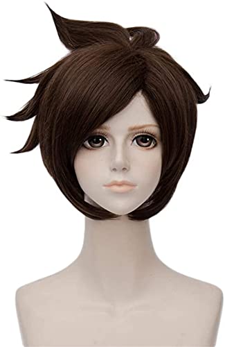 Überwatch Tracer-Spiel Cosplay-Perücken und kurz geschichtete natürliche dunkelbraune hitzebeständige sythetische faser flaumige Haare 10 Zoll chenghuax von ZUKKY