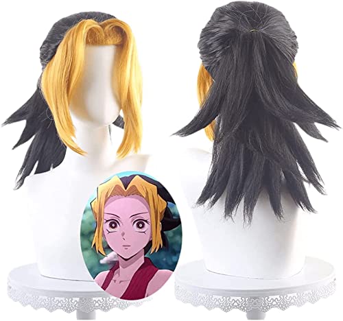 ZUKKY Anime Cosplay Perücke Makio Cosplay Perücke Schwarz mit gelbem Pony Kurzer lockiger Pferdeschwanz Party Haar Halloween Zubehör von ZUKKY